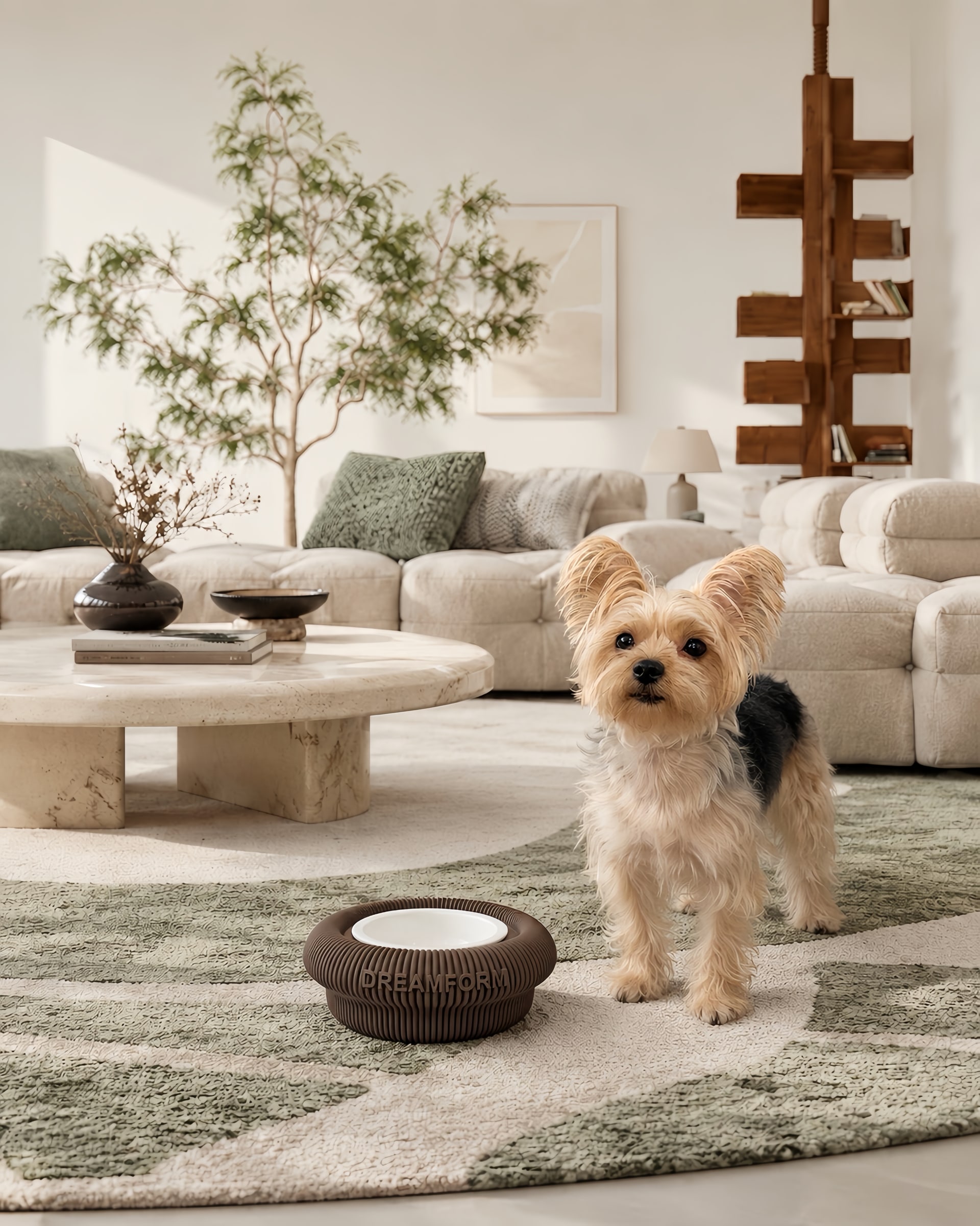 Yorkshire Terrier standing beside a brown DREAMFORM bowl in a modern home